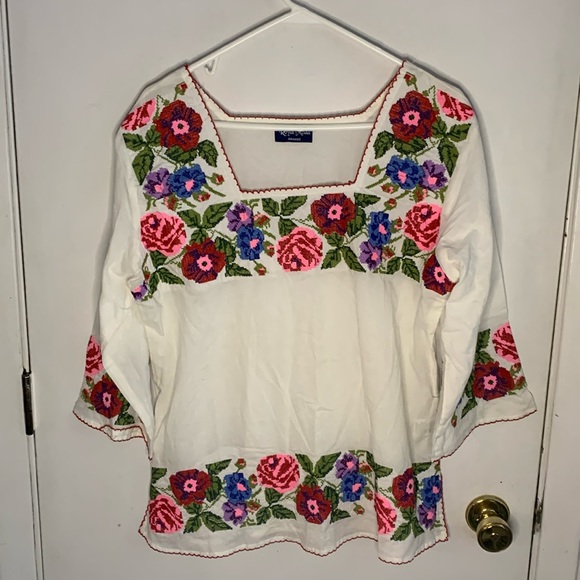 Royal Moda white tunic with embroidered cross-stitch large floral design Size L - Picture 1 of 9
